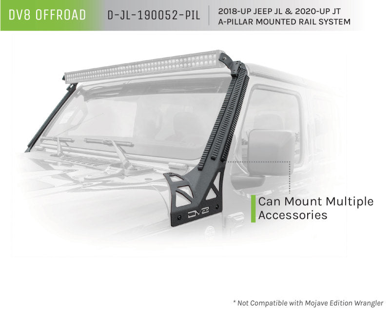 DV8 Offroad 2018+ JL/Gladiator Picatinny Rail A-Pillar Pod LED Light Mount - #D-JL-190052-PIL