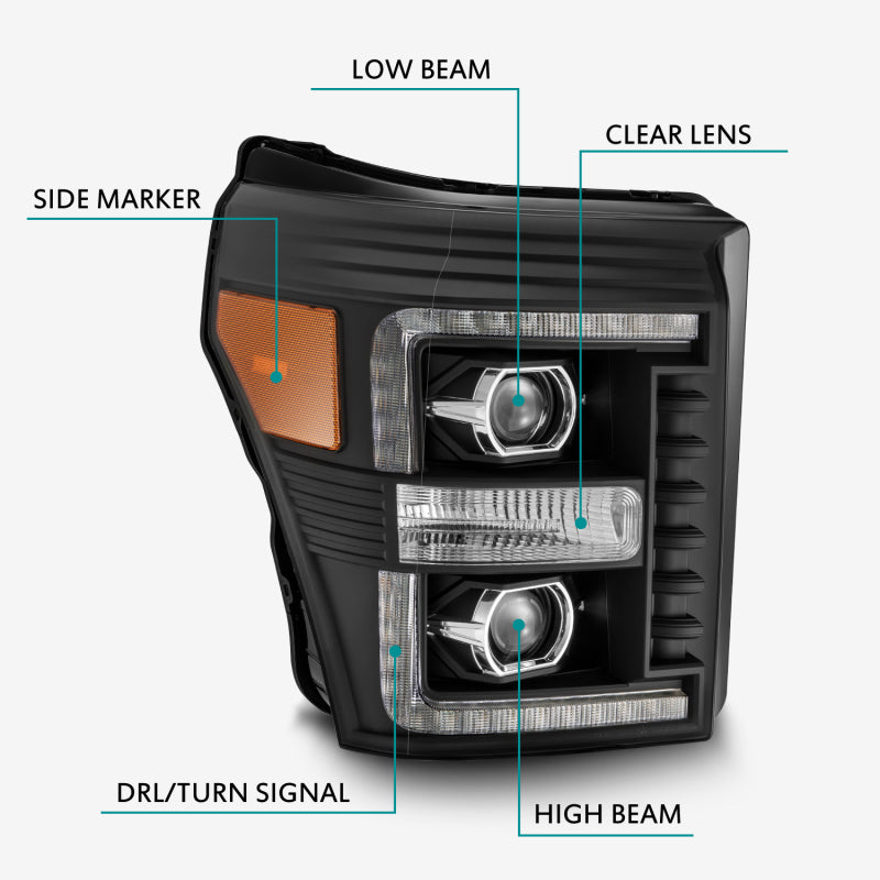 AlphaRex 880142 11-16 Ford F-250 SD PRO-Series Projector Headlights Plank Style Design Black w/Sequential Signal