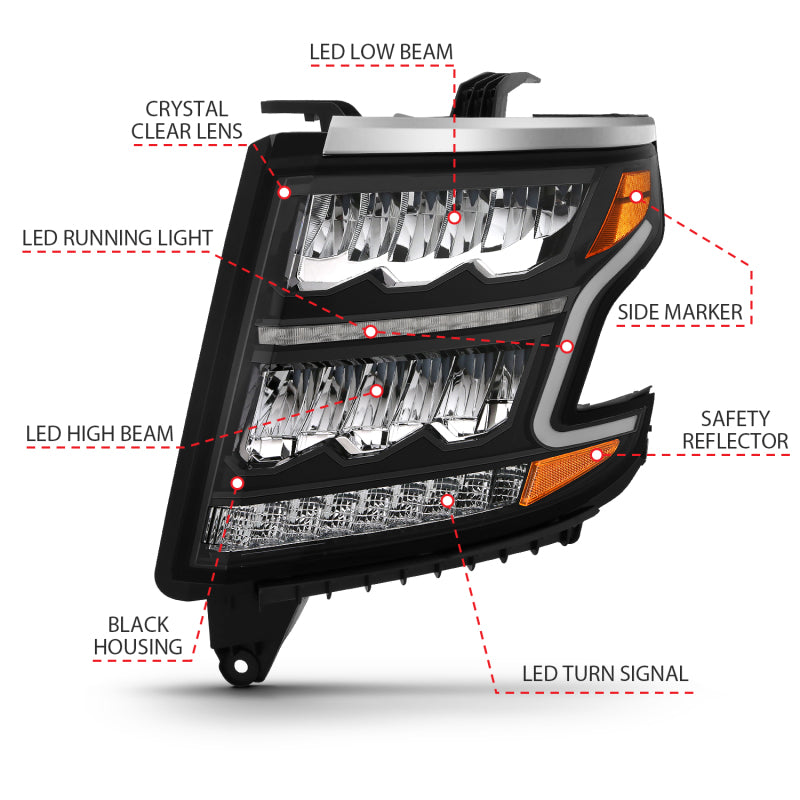 ANZO 2015-2020 Chevrolet Suburban LED Projector Headlights - Crystal Plank Style Black w/ Sequential Signal