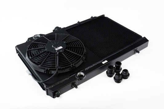 CSF 7075B Radiator w/12in Fan & Shroud/-16AN - Black for 01-07 Mitsubishi Evo 7
