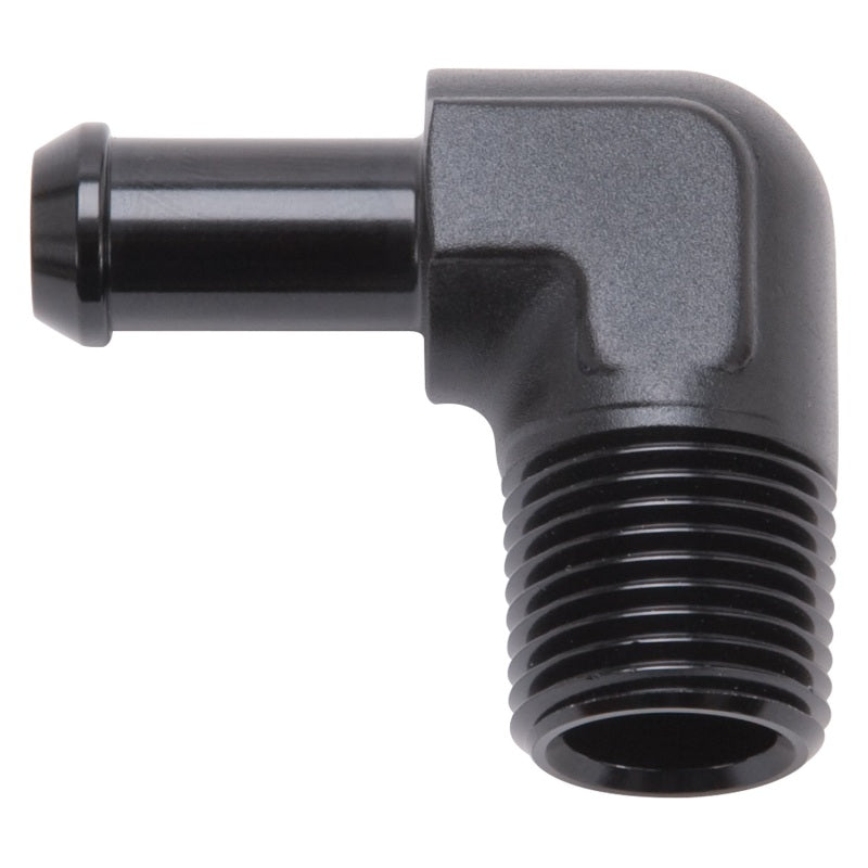 Edelbrock 8169 Hose End 90-Degree 1/2 in NPT to 3/8 in Barb Black Anodized