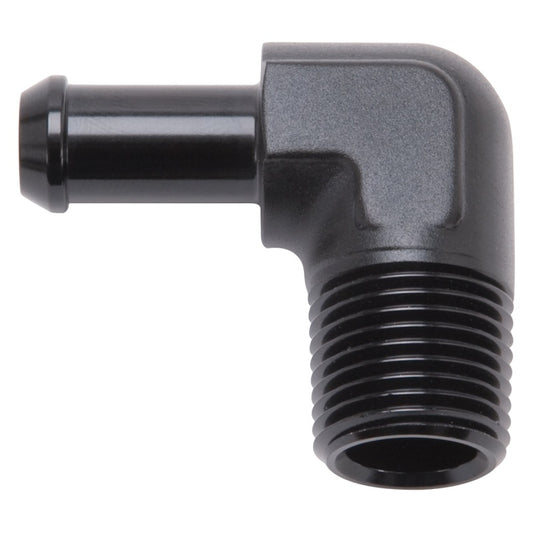 Edelbrock 8169 Hose End 90-Degree 1/2 in NPT to 3/8 in Barb Black Anodized