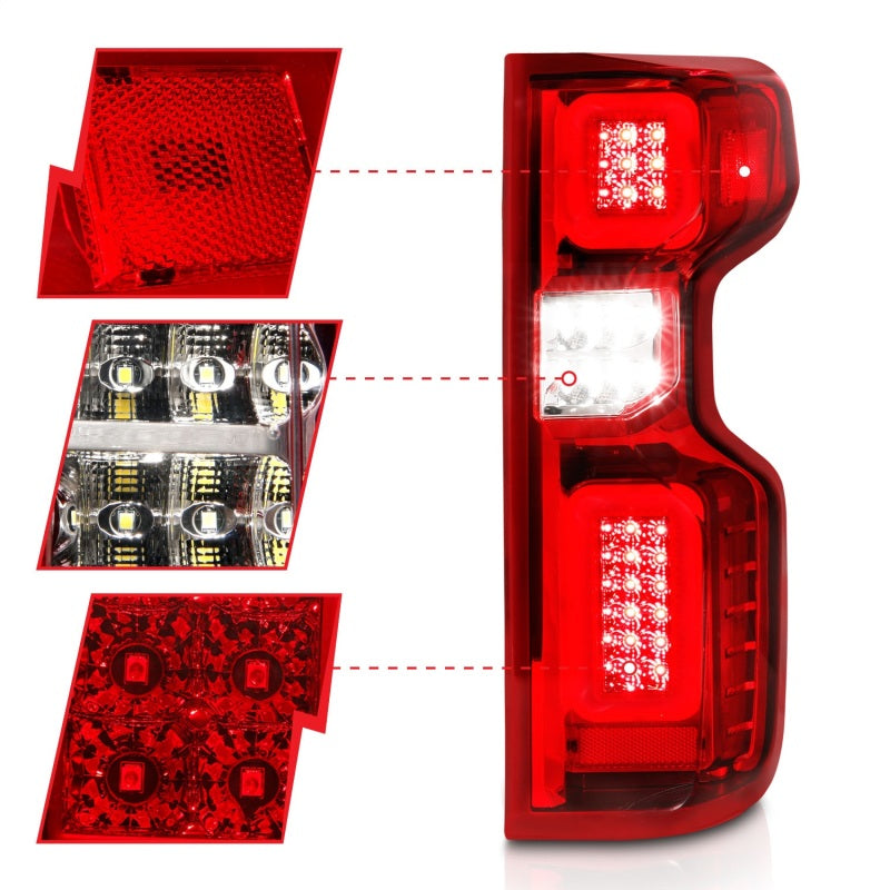 ANZO 2019-2026 Chevrolet Silverado 1500 LED Taillights - Chrome Red/Clear Lens w/ Sequential Signal (Factory Models)