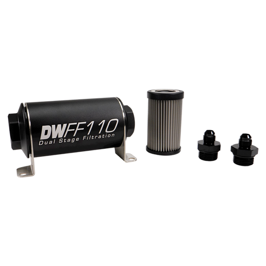 DeatschWerks Stainless Steel 6AN 40 Micron Universal Inline Fuel Filter Housing Kit (110mm)