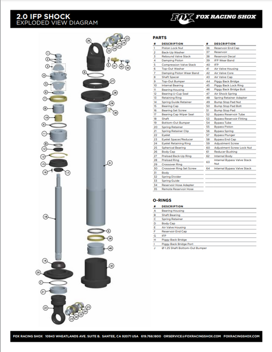 Fox 2.0/2.5 Series Rebuild Kit 0.625in/0.875in Shaft 2.0in/2.5in Remote Reservoir Shock
