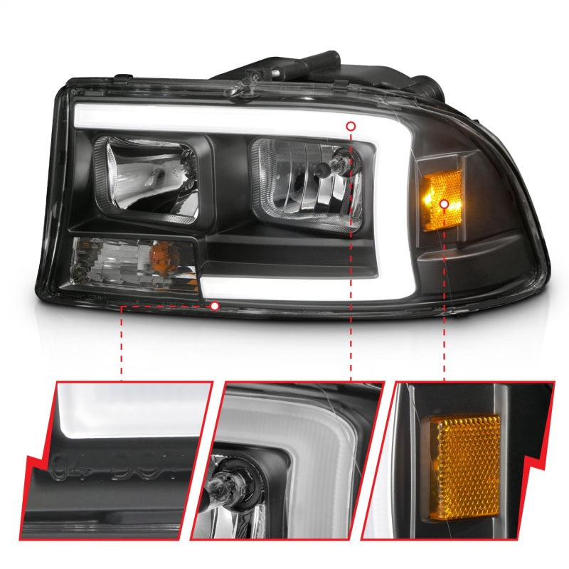 ANZO 1997-2004 Dodge Dakota Crystal Headlights - Plank Style Black