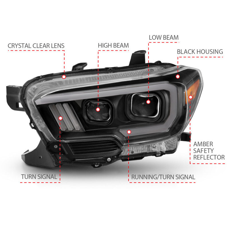 ANZO 2016-2023 Toyota Tacoma LED Projector Headlights - Switchback Black (For Halogen Version w/ DRL)
