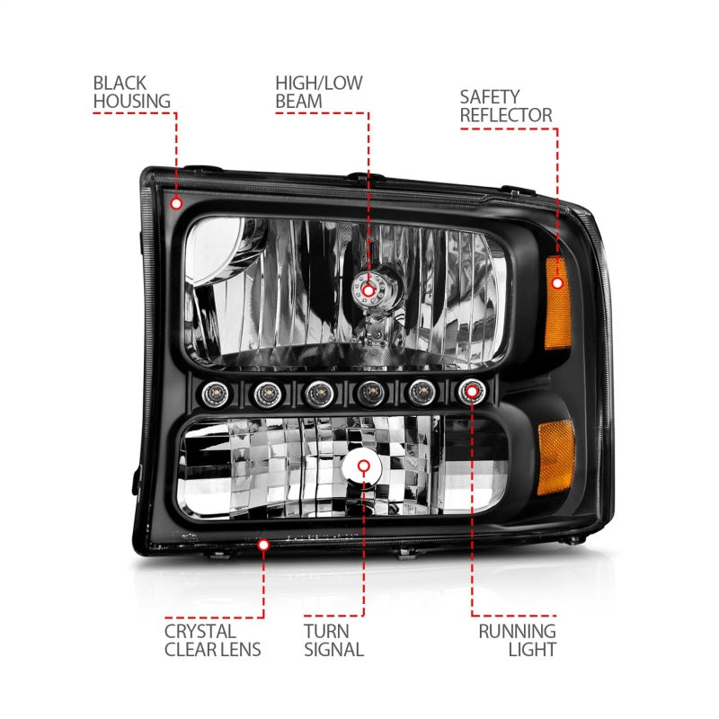 ANZO 1999-2004 Ford F-250 Super Duty Crystal Headlights - Black 1PC w/ LED