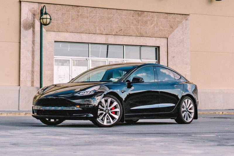 Rally Armor Mud Flaps - 2017-2023 Tesla 3 - RAL UR Blk Flap/Dark Grey Logo - #MF62-UR-BLK/DGRY