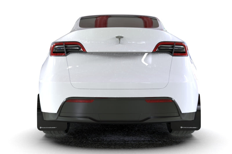 Rally Armor Mud Flaps - 2020-2026 Tesla Y - RAL UR Blk Flap/Met. Blk Logo - #MF72-UR-BLK/MBK