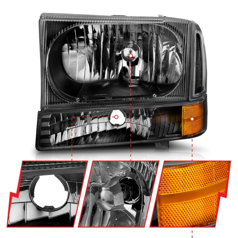 ANZO 1999-2004 Ford F-250 Super Duty Crystal Headlights - Black w/ 2PC Corner