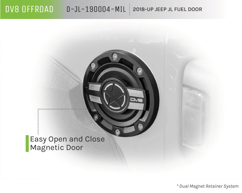 DV8 Offroad 2018+ Jeep JL Aluminum Fuel Door for 20-Pres Wrangler - #D-JL-190004-MIL