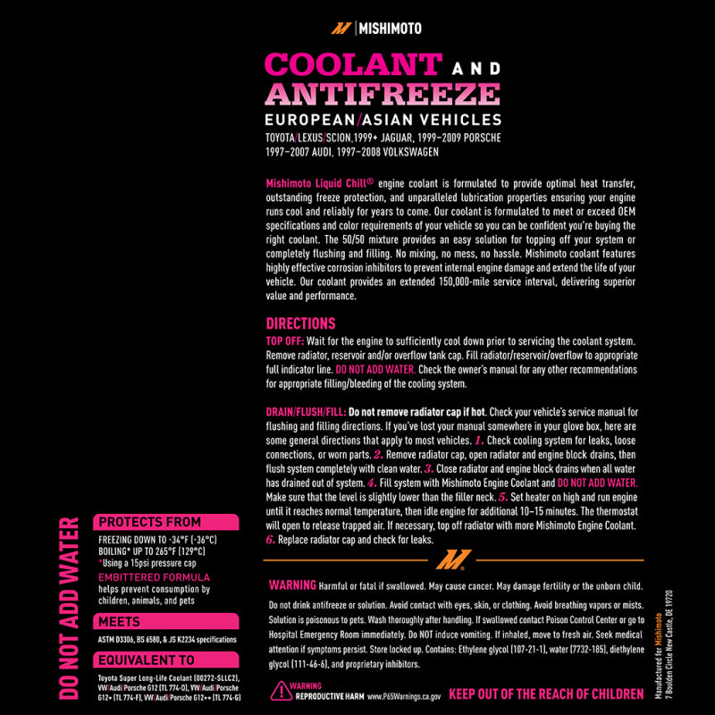 Mishimoto Liquid Chill EG Coolant, European/Asian Vehicles, Pink/Red - #MMRA-LC-EG-PK