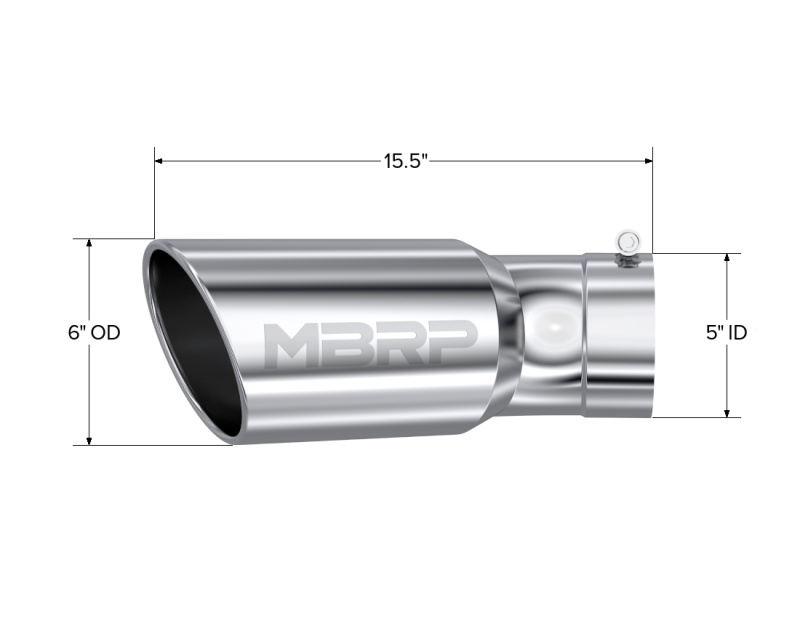 MBRP T5154 T304 Angled Rolled End Tip with 6in O.D, 5in Inlet, 15 1/2in in Length, 30 Degree Bend