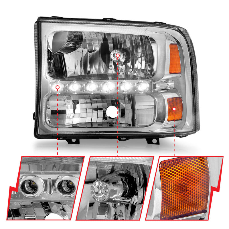 ANZO 1999-2004 Ford F-250 Super Duty Crystal Headlights - Chrome w/ LED 1PC