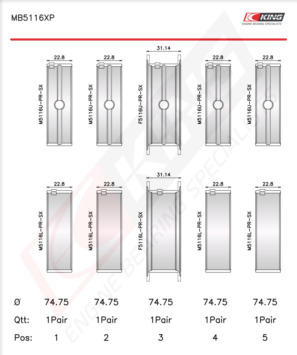 King Chrysler 426CI, 440CI V8 OHV Main Bearing Set MB5116XP 001 - Fits Dodge, Plymouth, Chrysler