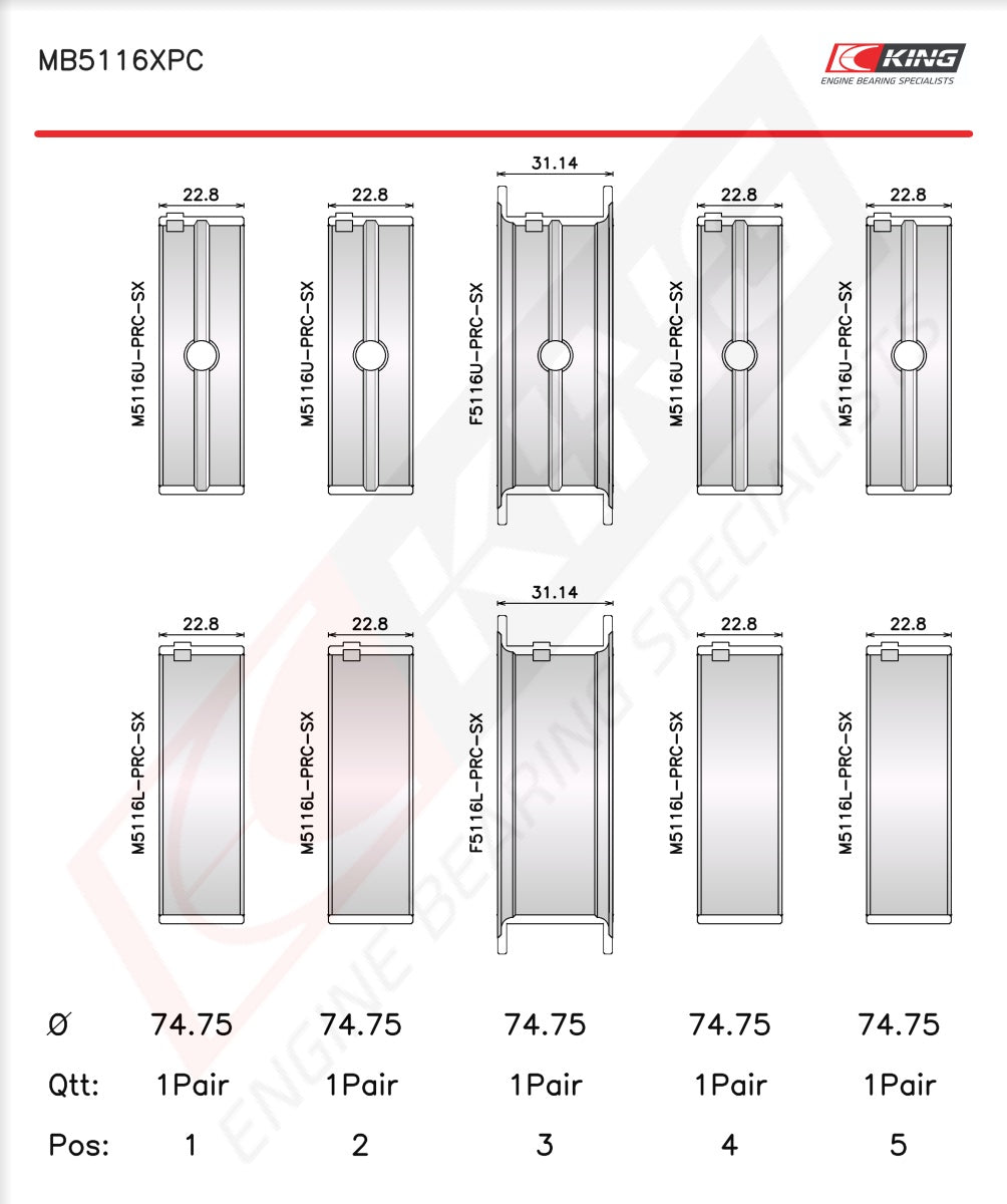 King Chrysler 426CI, 440CI V8 OHV Main Bearing Set MB5116XPC STDX - Fits Dodge, Plymouth, Chrysler