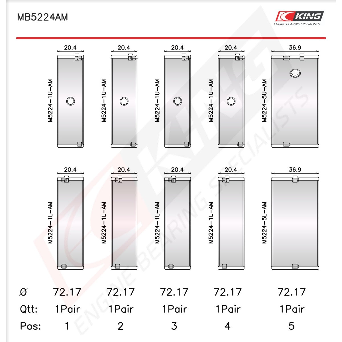 King GM 400CI /6.6LITER, V8 OHV Main Bearing Set MB5224AM-STD - Fits Chevrolet, GMC, Pontiac