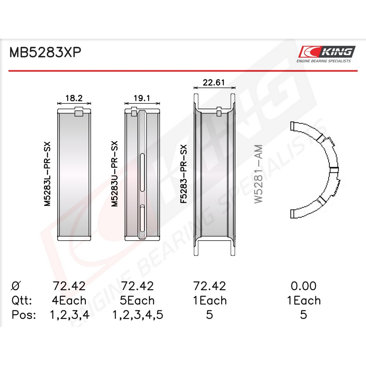 King Ford V8, 4.6L DOHC/SOHC 24V Main Bearing Set MB5283XP0.25 - Fits Ford, Lincoln, Mercury