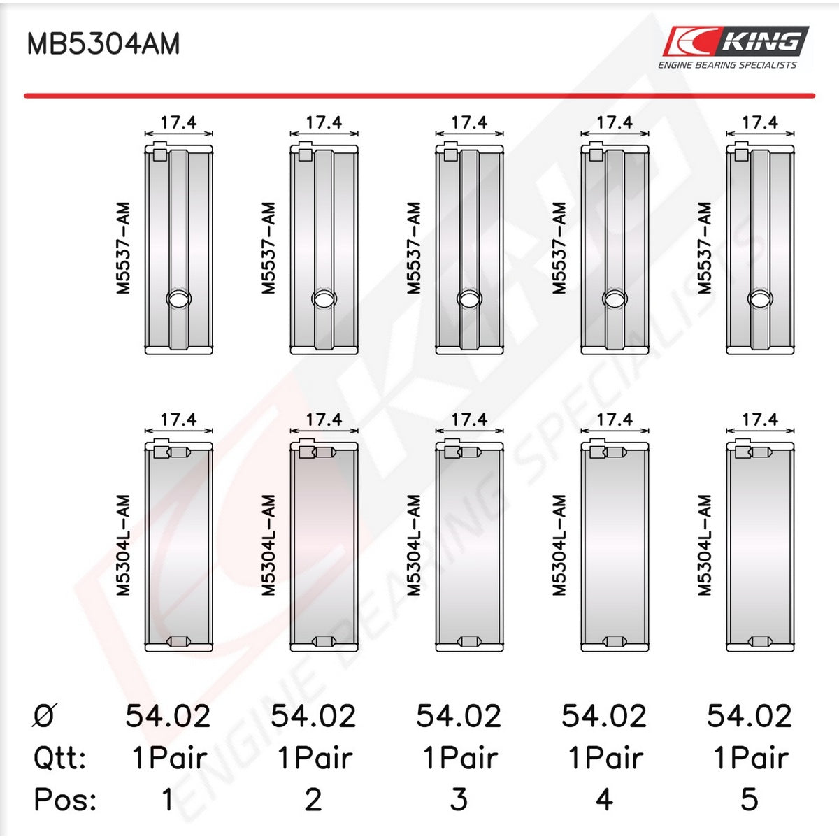 King Mazda B6, B6-T, ZM, B3, B5 OE-Replacement Main Bearings Set MB5304AM-STD - Fits Mazda, Kia, Ford