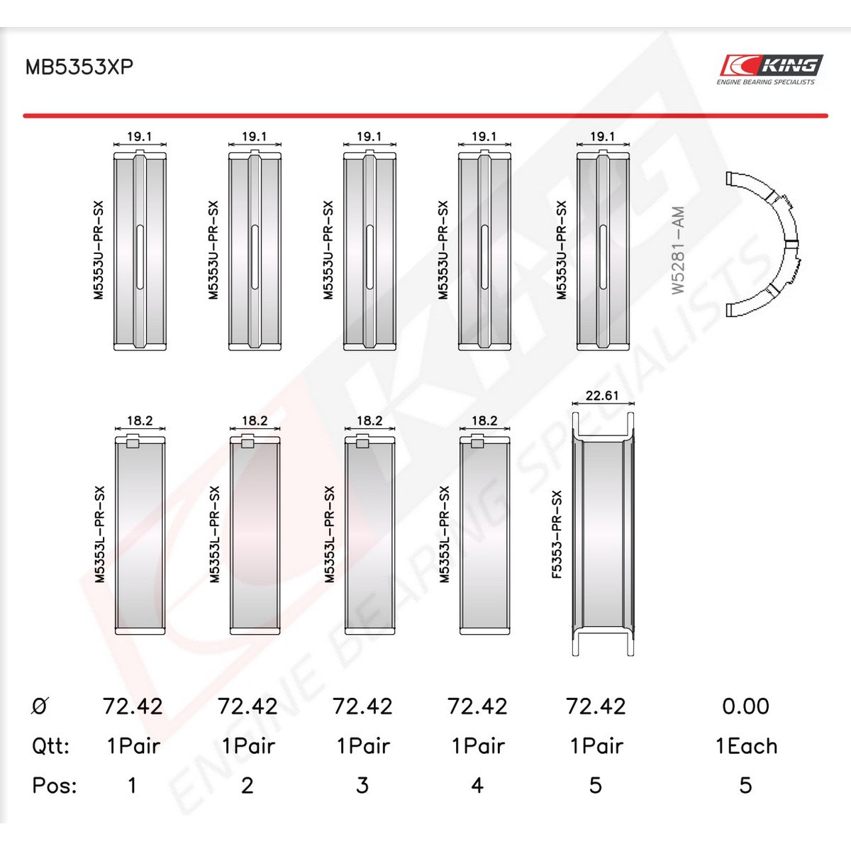 King Ford 281 4.6L SOHC 16V Racing Tri-metal Main Bearing Set MB5353XP0.25 - Fits Ford, Lincoln, MG