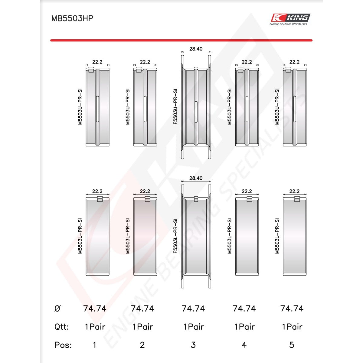 King Ford V8 351CI 5.8L 16V Racing Bi-metal Main Bearing Set MB5503HP-STD - Fits Ford, Mercury, DeTomaso