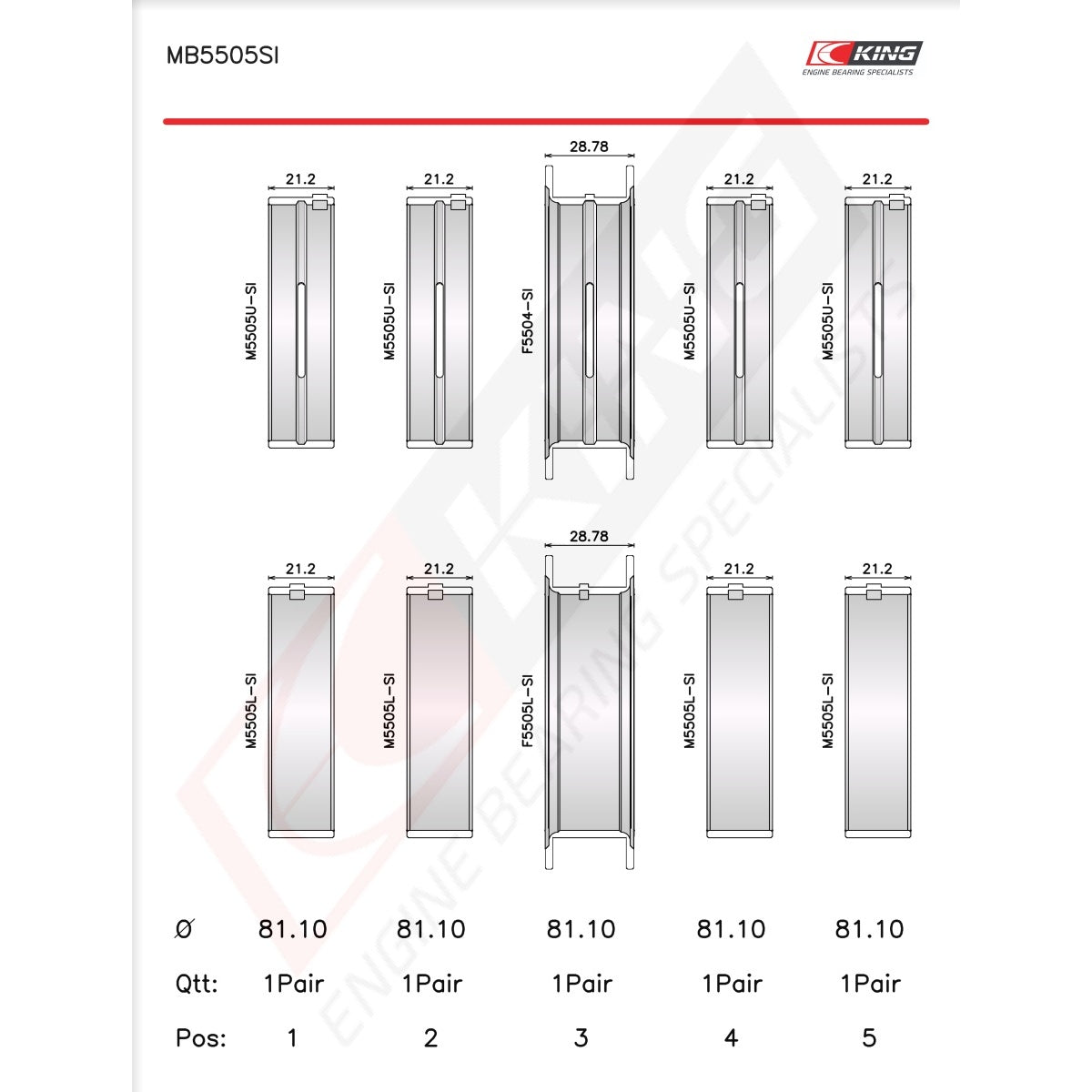 King Ford V8 351CI 5.8L, 400CI 6.6L 16V Main Bearing Set MB5505SI-STD - Fits Ford, Mercury, Lincoln