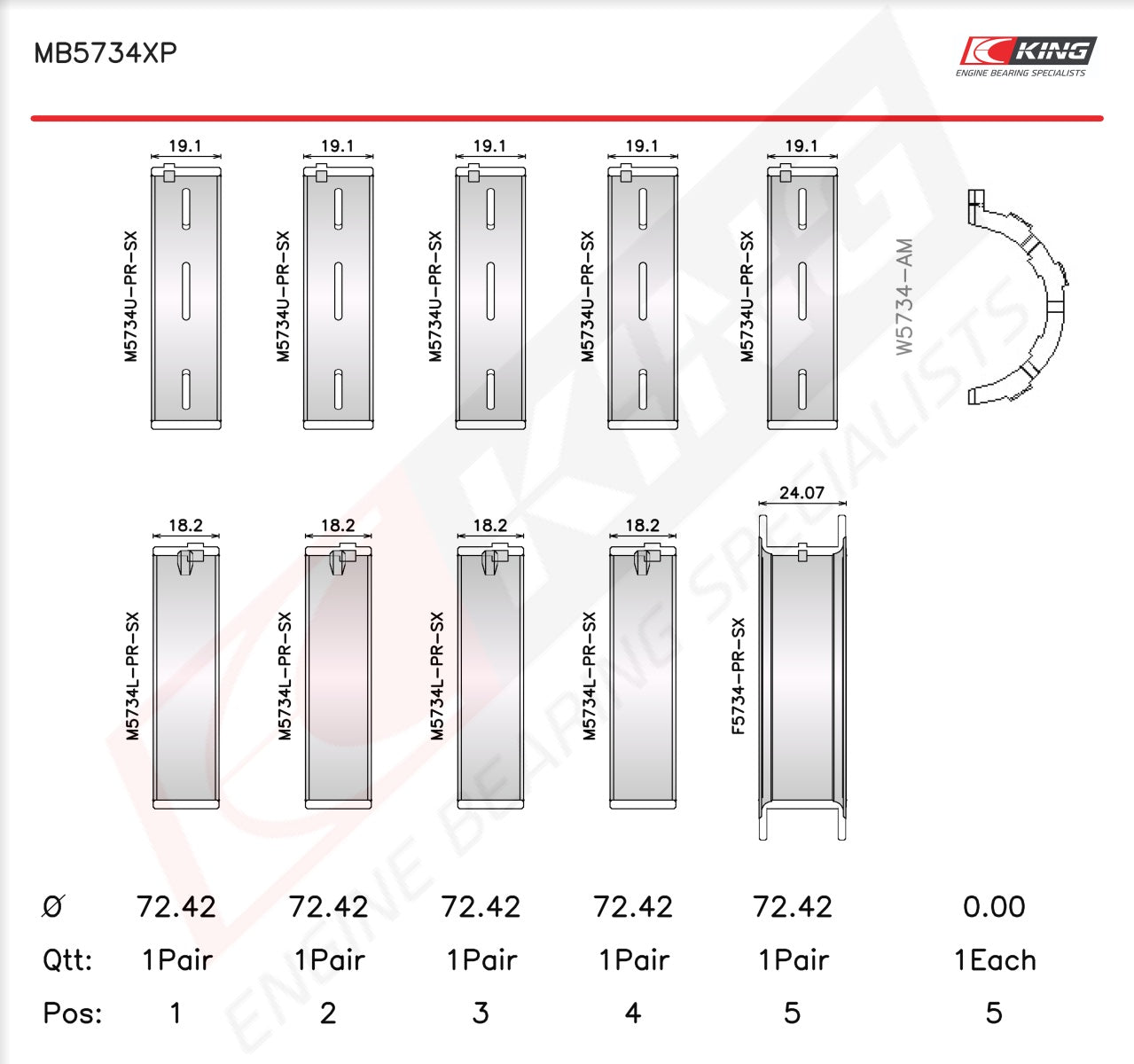 King Ford Coyote 5.0L V8 302 CID OE-Replacement Main Bearing Set MB5734SI-STD - Fits Ford