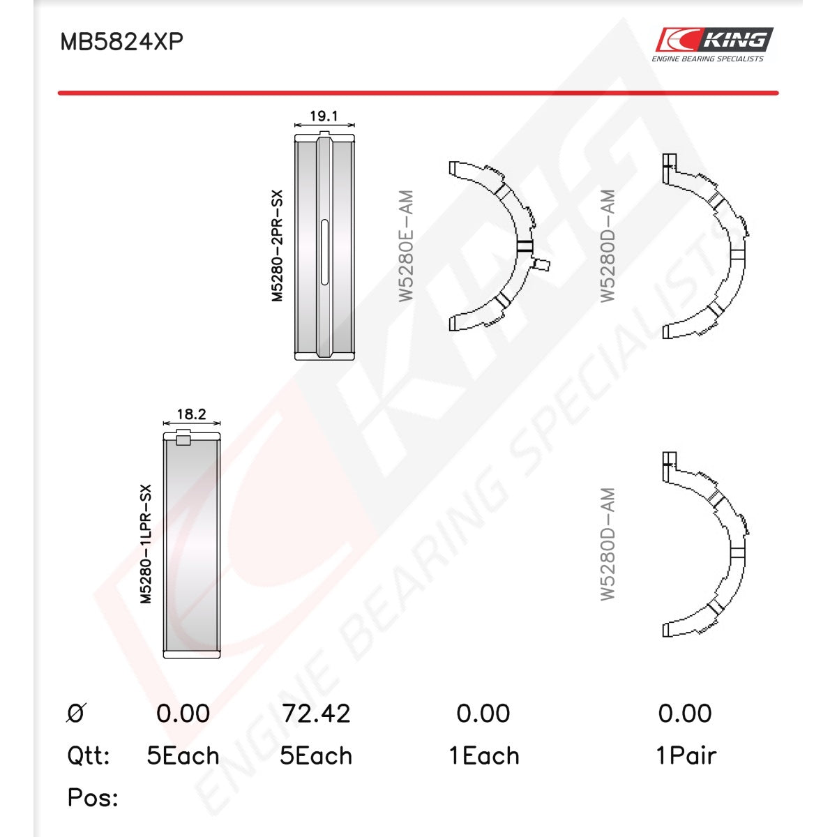 King Ford GT500 BLOCK Racing Tri-metal Main Bearing Set MB5824XP-STD - Fits Ford