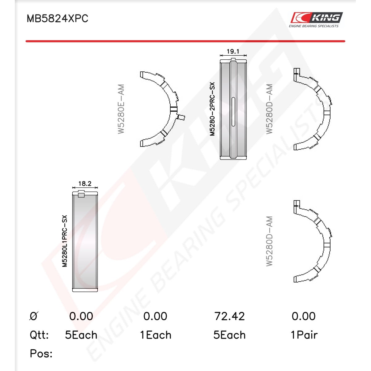 King Ford GT500 Block - Coated Tri-Metal Racing Main Bearings Set MB5824XPC-STD - Fits Ford