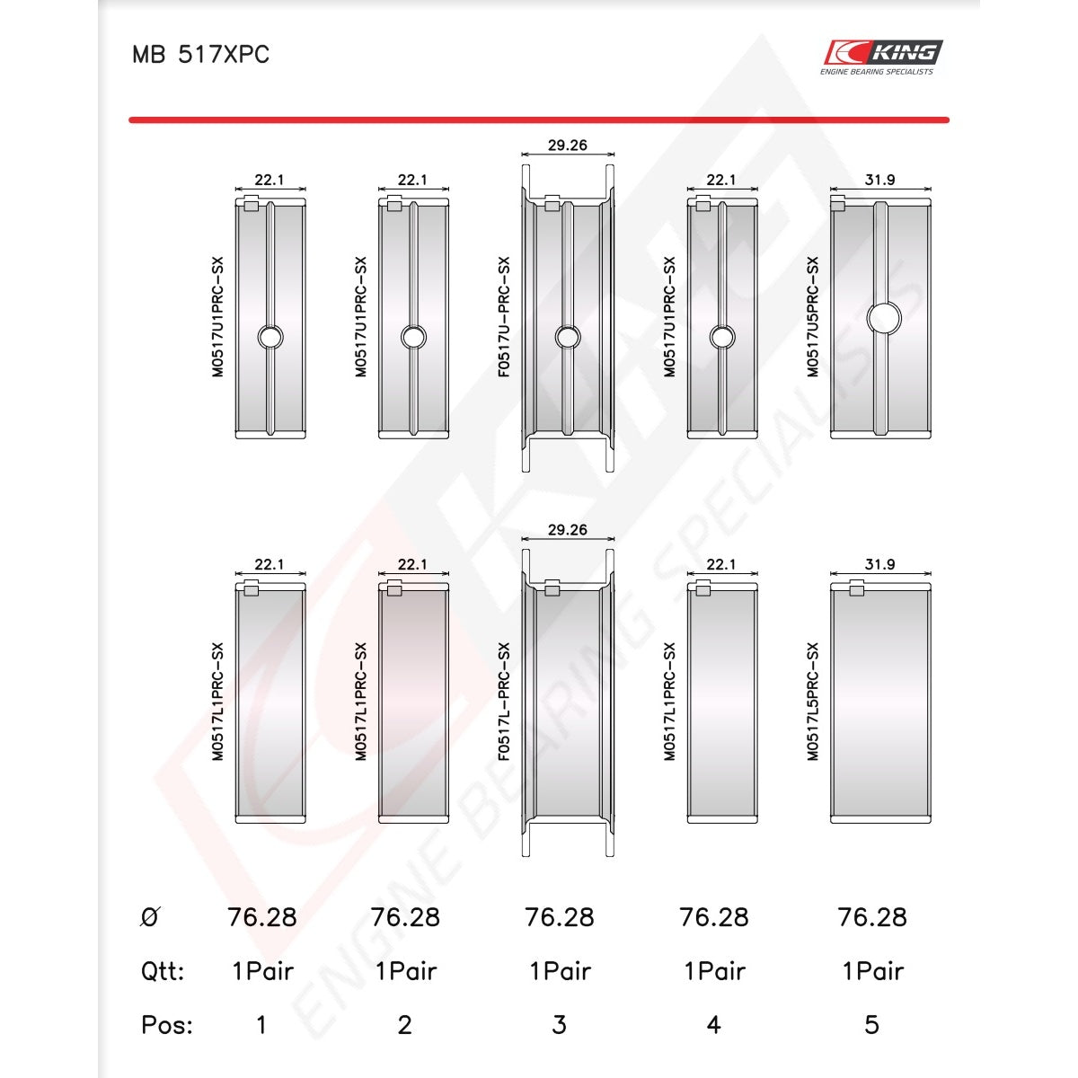 King Chrysler 360 Racing Main Bearings MB 517XPC STDX - Fits Dodge, Plymouth, Chrysler