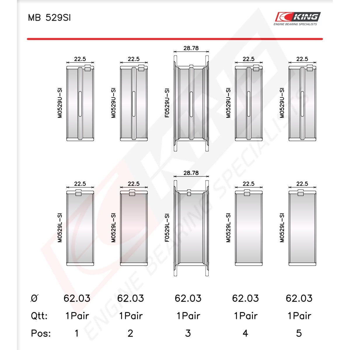King Ford V8 221 Main Bearing Set MB 529SI 010 - Fits Ford, Mercury, Lincoln