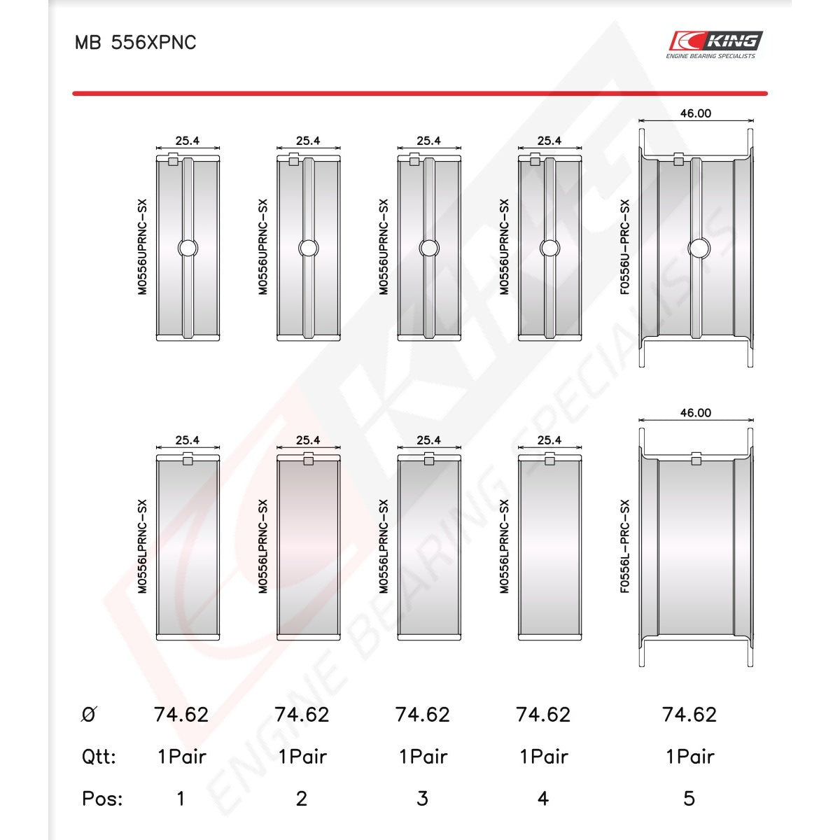 King Chevrolet BBC 396-502 GEN IV, V, VI - Narrow, Coated Racing Main Bearings MB 556XPNC STDX - Fits Chevrolet, GMC, Pontiac