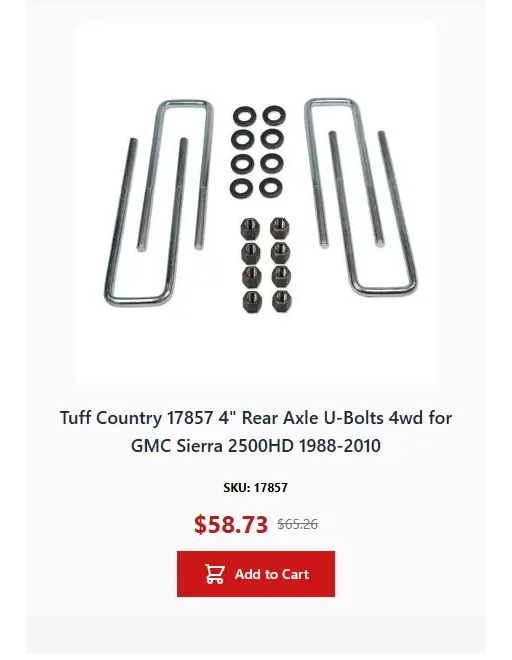 Tuff Country 17851 Rear Axle U-Bolts 3in Blocks for 1999-2023 Chevrolet Silverado 1500 4WD