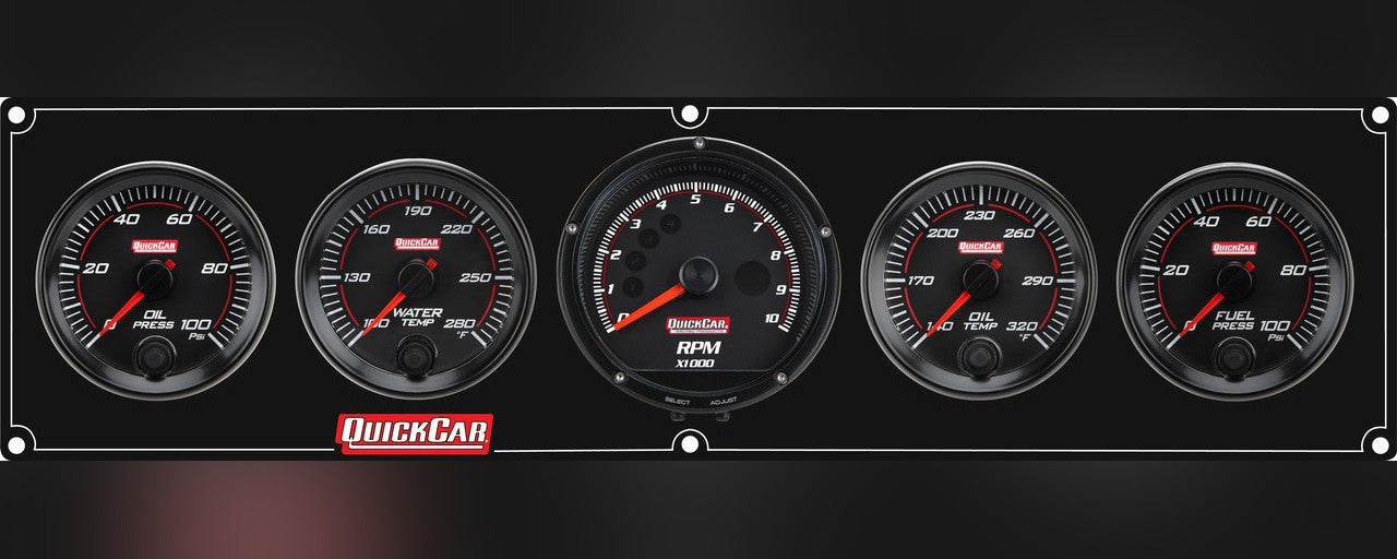 QuickCar RedLine Gauge Panel w/63-002- Black Plate, OP/WT/Tach/OT/FP100