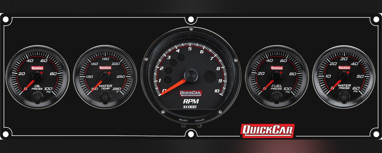 QuickCar RedLine Gauge Panel w/63-002- Black Plate, OP/WT/Tach/FP100/WP